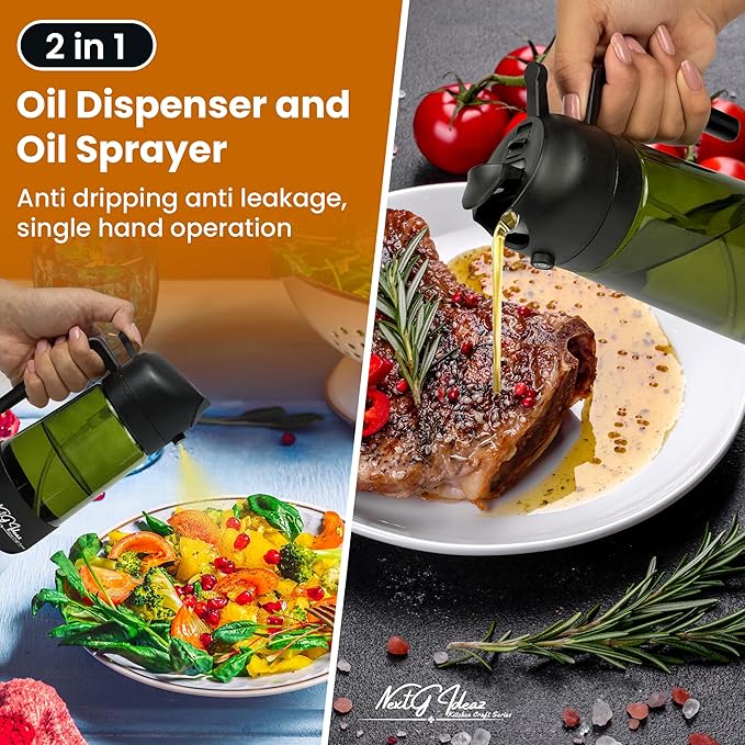 Oil Dispenser, 2 In 1 Cooking Oil Sprayer and Pourer, Non-Drip Spout for Kitchen Oil, Air Fryer, Salad, Grill, 16oz/470ml with Silicone-Encased Base (Black Cap, Green Bottle)