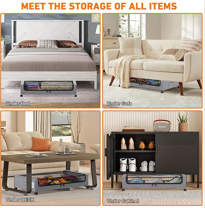 Under Bed Storage with Wheels, 2 Pack Under Bed Storage Containers with Clear Lids, XXL 65L Under Bed Storage Organizer