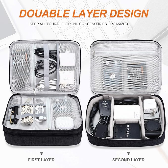 SELLYFELLY Electronic Bag Travel Cable Accessories Bag Waterproof Double Layer Electronics Organizer Portable Storage Case for Cable, Cord, Charger, Phone, Adapter, Power Bank, Kindle, Hard Drives