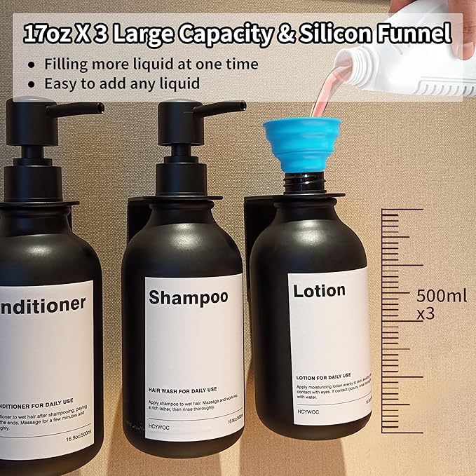 Shampoo Dispenser for Shower Wall, Shampoo and Conditioner Dispenser with 16 Waterproof Labels, Shower Dispenser 3 Chamber No Drill, Shower Soap Dispenser Wall Mounted for Bathroom, 17oz, Black