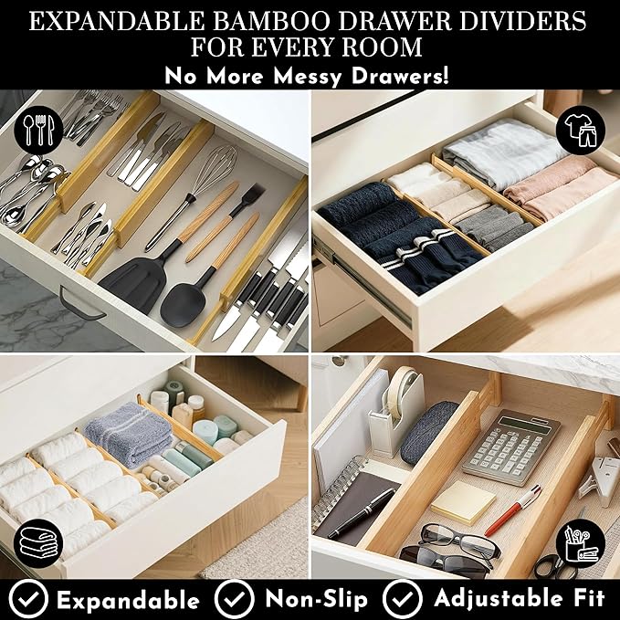 Expandable Bamboo Drawer Dividers 8 pack with labels(17"-22") Drawer Organizer