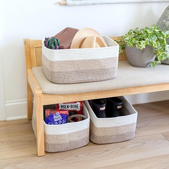 NaturalCozy Storage Baskets 16.8”x13”x7.6” Cotton Rope Woven Baskets for Organizing 3-Pack | Toy Storage Bins | Basket for Shelves, Laundry, Blanket