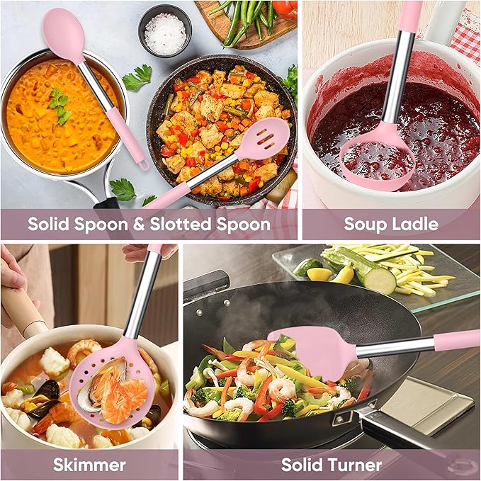 TeamFar Kitchen Utensils Set of 8, Silicone Utensils Kitchen Tools Set with Stainless Steel Handle, for Frying Serving Flipping Draining, Non-toxic & Heatproof, Nonstick & Dishwasher Safe - Pink