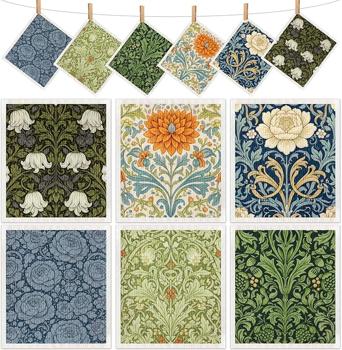 Mifoci 12 Pcs William Morris Swedish Kitchen Dishcloths 7 x 8 Inch Reusable Vintage Floral Dish Towels Absorbent Cotton Cleaning Cloths for Kitchen Cleaning Wipes Housewarming