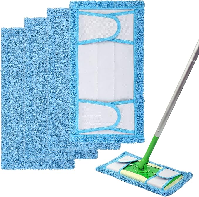 Reusable Mop Pad for Swiffer Sweeper Mop, 12.5'' Microfiber Mop Pad Refill Washable for Hard Floor Baseboard Cleaning, Wet/Dry Cleaning Pad, 4 Pack