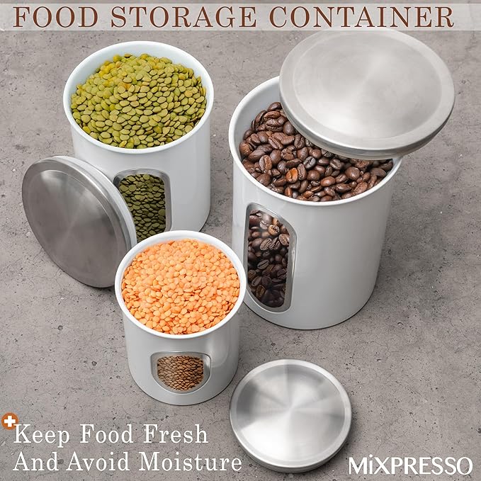 Mixpresso 3-Piece White Canisters Sets For The Kitchen, Airtight Canister Set With See Through Window, Storage Jars for Coffee Container