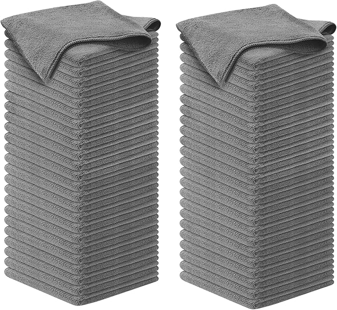 Microfiber Cleaning Cloth Grey - 100 Pcs (12.5"x12.5") - High Performance - 1200 Washes, Ultra Absorbent Microfiber Towel Weave Grime & Liquid for Streak-Free Mirror Shine - Car Washing Cloth