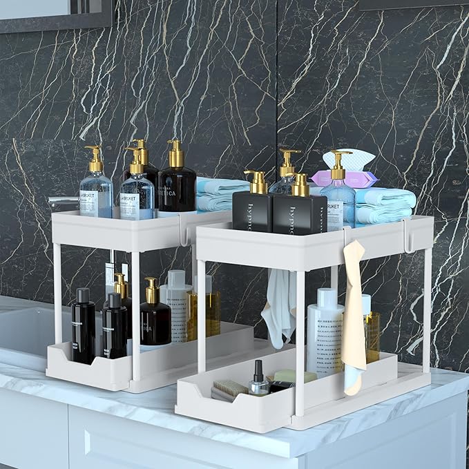 Cabinet, 2 Pack Under Sink Organizer, 2 Tier Sliding Bathroom Kitchen Organizer