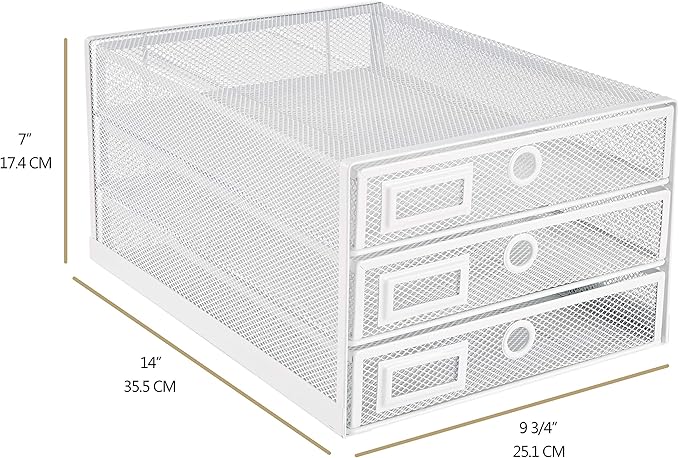 Annova Desk Organizer Wire Mesh 3 Tier Sliding Drawers Paper, White