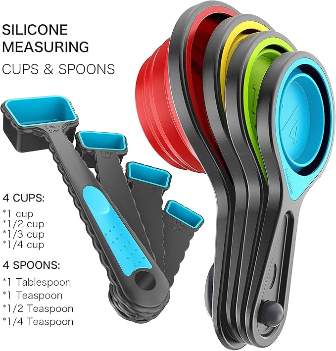 Kaptron Tools Spoons and Collapsible Measuring Cups Set 8 Pieces, Multiple Sizes, Multicolor
