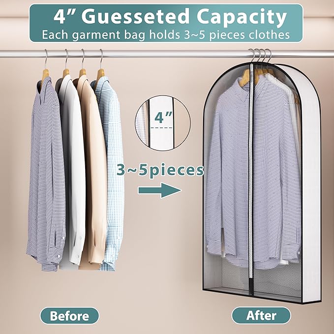 Liuoud 40” Garment Bags for Hanging Clothes 4” Gusseted - with Clear Window, Breathable Fabric, Metal Zipper, Suit Coat Dress Protector for Clothes Closet storage, Season Off, Moving, 3 Pack