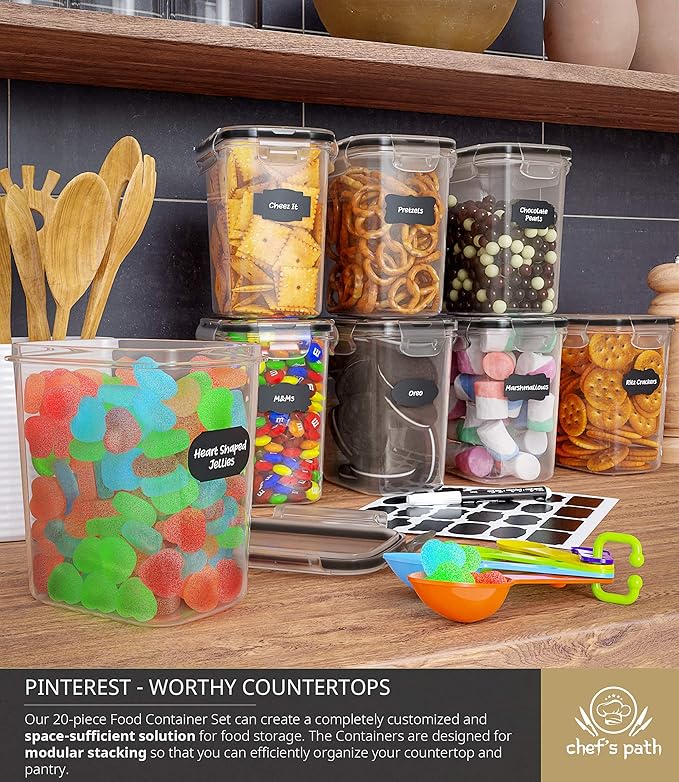 Chef's Path Airtight Plastic Food Containers with Lids - 20 Pack (1.6 Liter Each) - Durable Kitchen and Pantry Storage for Cereal, Rice, Pasta, Sugar