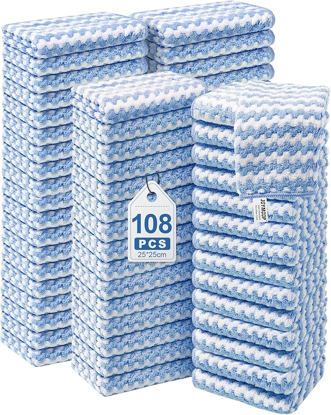 JOYMOOP 108 Packs Microfiber Cleaning Cloths, 10" x 10" Reusable Kitchen Towels, Lint-Free Cleaning Rags, Super Absorbent Cleaning Cloths for Kitchen, Car, and Household Cleaning, Blue