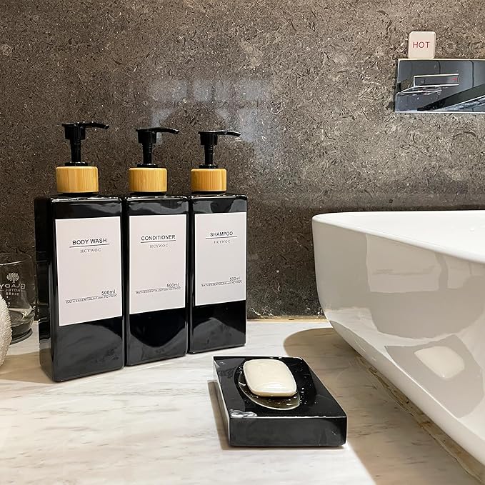 Shampoo Dispenser for Shower Wall, Shampoo and Conditioner Dispenser with 16 Waterproof Labels, No Drill Shower Soap Dispenser Bathroom, Shower Soap Dispenser Wall Mounted, 17oz, Bamboo(Black)