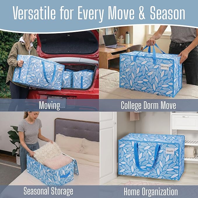 VENO 6 Pack Extra Large Heavy Duty Moving Bags with Wide Opening & Reinforced Handles, Reusable Storage Tote Bags with Strong Zippers for Clothes, College Dorm Essentials & Moving Supplies