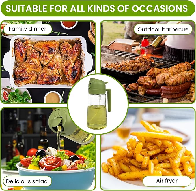 Oil Dispenser, 2 In 1 Cooking Oil Sprayer and Pourer, Non-Drip Spout for Kitchen Oil, Air Fryer, Salad, Grill, 16oz/470ml with clearning brush (Green Cap, Clear Bottle)