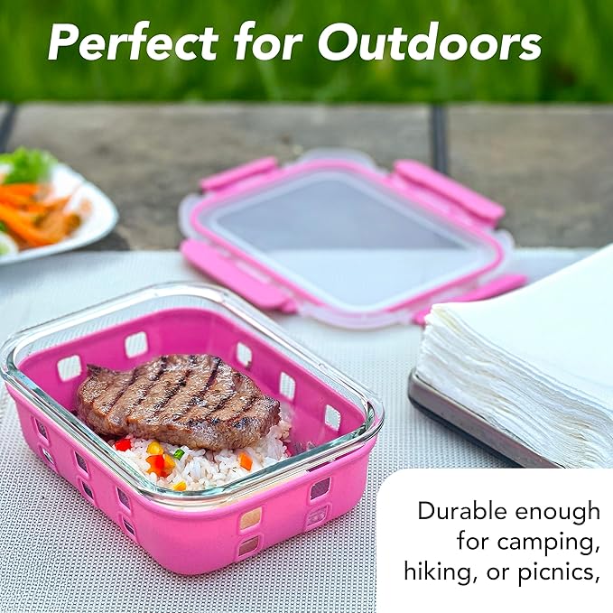 ECOBERI 4.5 Cup Glass Meal Prep Containers with Lids & Silicone Sleeves, 3-Pack Airtight, Leak-Resistant Food Storage Containers for Fridge, Freezer