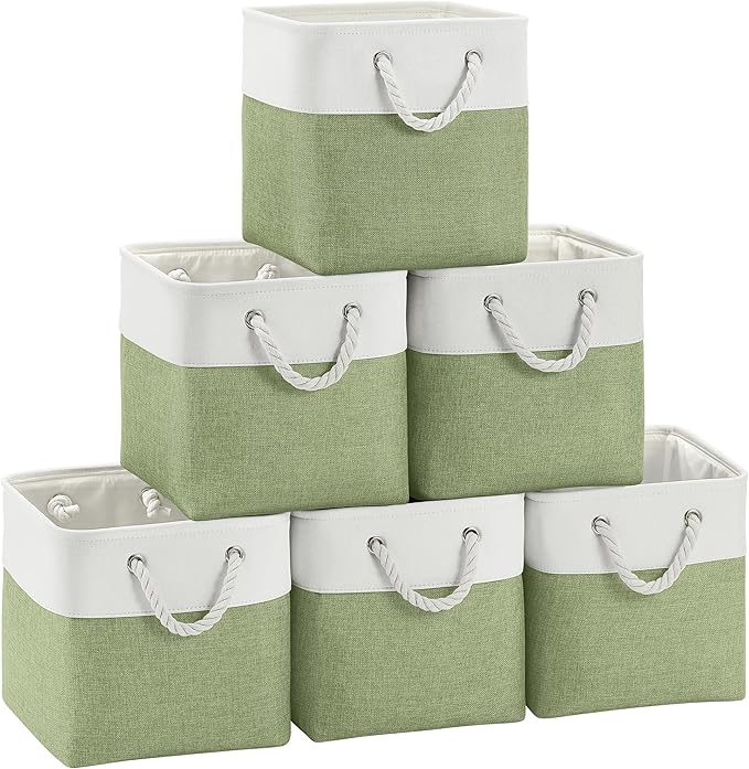 FinishingBo Fabric Cubes Storage Basket, 6 Pack 11x11 in with Handles Cube Storage Bins, for Shelves, Home, Office Organizers (White/ Green)