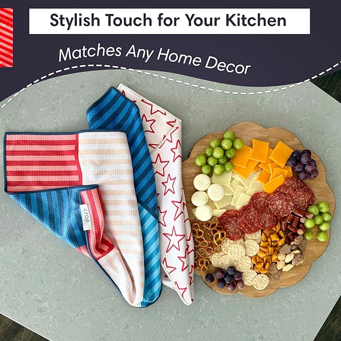 Double Sided Microfiber Hand Towels, 17x27 Inches Waffle Design Kitchen Towels Set, Durable & Soft Fast Drying Hand Wash Cloth, Everyday Dishcloth Use at Home (Stars & Stripes - Red, Blue, Cream)