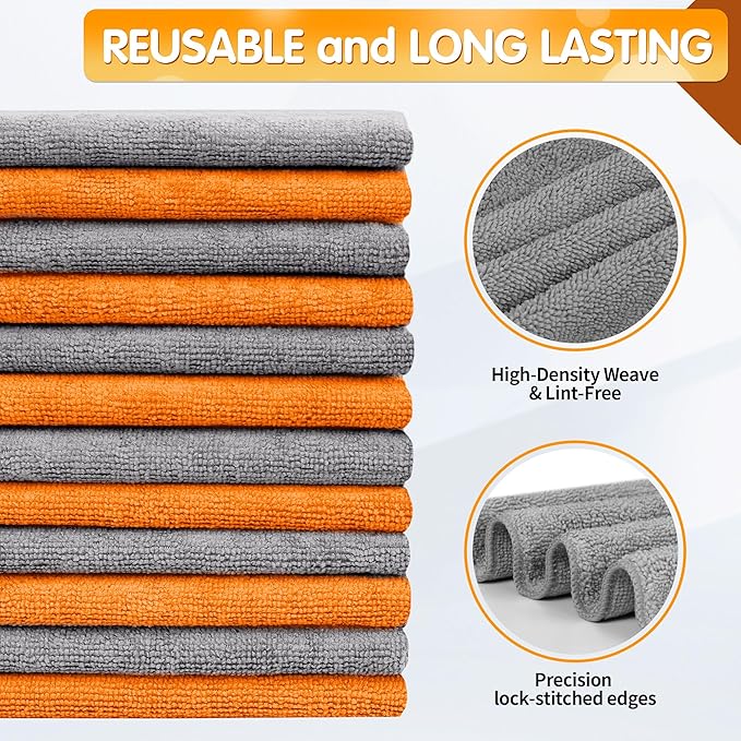 FIXSMITH Microfiber Cleaning Cloth -Pack of 12, Highly Absorbent Cleaning Rags(Grey&Orange), 16"X12" All Purpose Cleaning Towels for Housekeeping, Kitchen, Car, Reusable Microfiber Towels