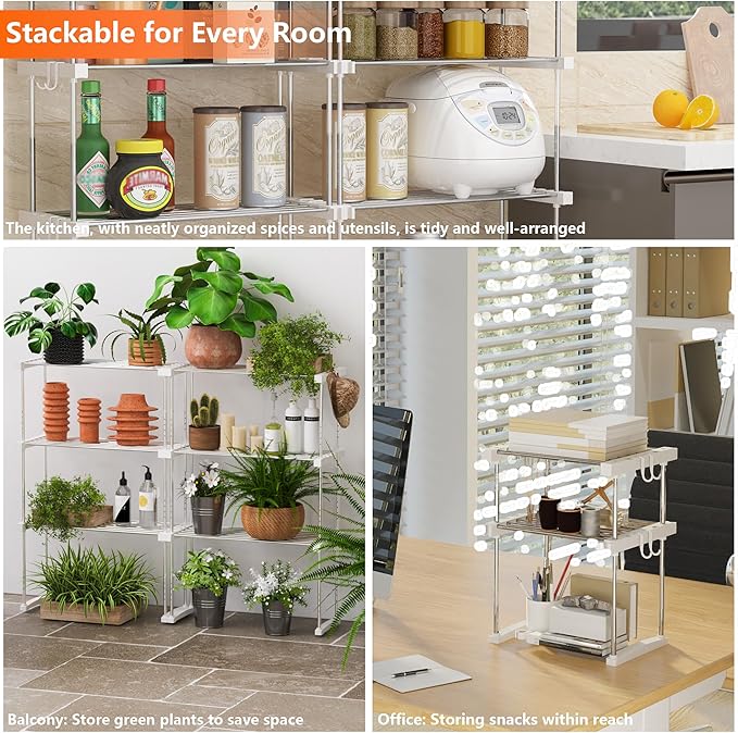 BLULEE Dual-Adjustable Cabinet Organizer Shelf,Expandable Width & Height Stackable Spice Rack with Snap-Lock,2-Tier Kitchen Organization and Storage for Under Sink,Countertop,Pantry,White,2Pack