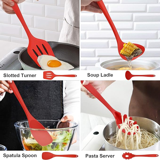 LIANYU 14 Pcs Cooking Utensils Set with Holder, Heat Resistant Silicone Kitchen Cookware Utensils Set, Kitchen Cooking Tools Includes Spatula Spoon Turner Whisk Tong, Dishwasher safe, Red