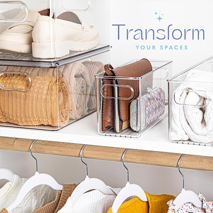 Plastic Food Storage 4 Pack Clear Container Bin with Handles for Organizing Kitchen, Pantry, Refrigerator, Freezer, Pantry, Cabinet, Closet