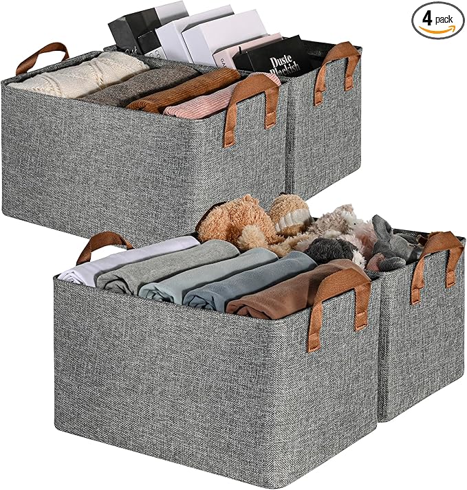 GRANNY SAYS Closet Storage Baskets, Collapsible Fabric Storage Bins with Metal Frame, Clothes Organizer Bins, Large Baskets for Shelves, Gray, 4-Pack