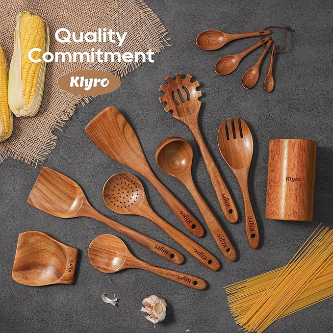 KLYRO Wooden Spoons for Cooking, Nonstick Kitchen Utensils Set with 4 Piece Measuring Spoons, Comfort Grip Wooden Spatula Set, 9 Piece Teak Wooden Cooking Utensils with Holder and Spoon Rest