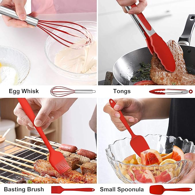 LIANYU 14 Pcs Cooking Utensils Set with Holder, Heat Resistant Silicone Kitchen Cookware Utensils Set, Kitchen Cooking Tools Includes Spatula Spoon Turner Whisk Tong, Dishwasher safe, Red