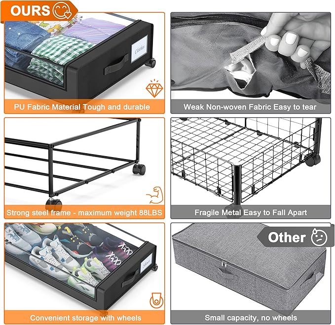 Under Bed Storage with Wheels, 4 Pack Under Bed Storage Containers with Dividers & Clear Lids, XXL 65L Under the bed storage Organizer Bins