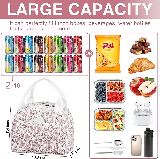TESAFNG Lunch Bag - Insulated Lunch Box for Women, Reusable Large Capacity Cooler Bag for Adult, Small Leakproof Cute Corduroy Lunch Tote for Work Office Travel Picnic (Corduroy Pink-Flower)