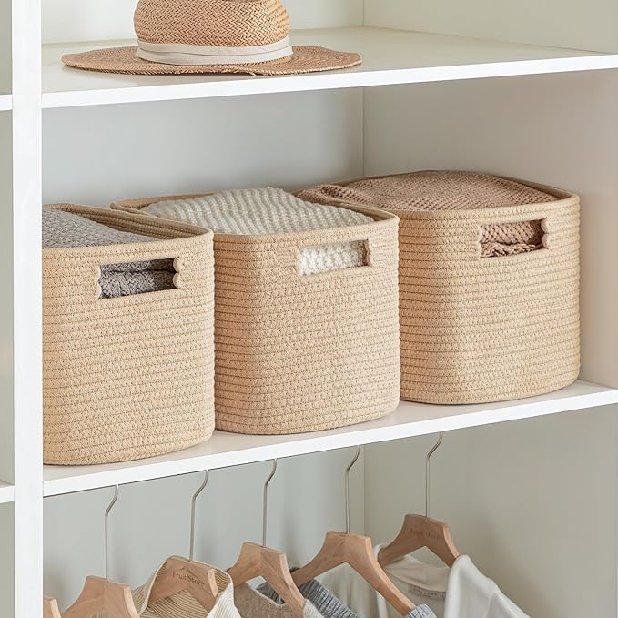 4 Pack Storage Baskets for Organizing, Shelf Baskets with Handles, Brown