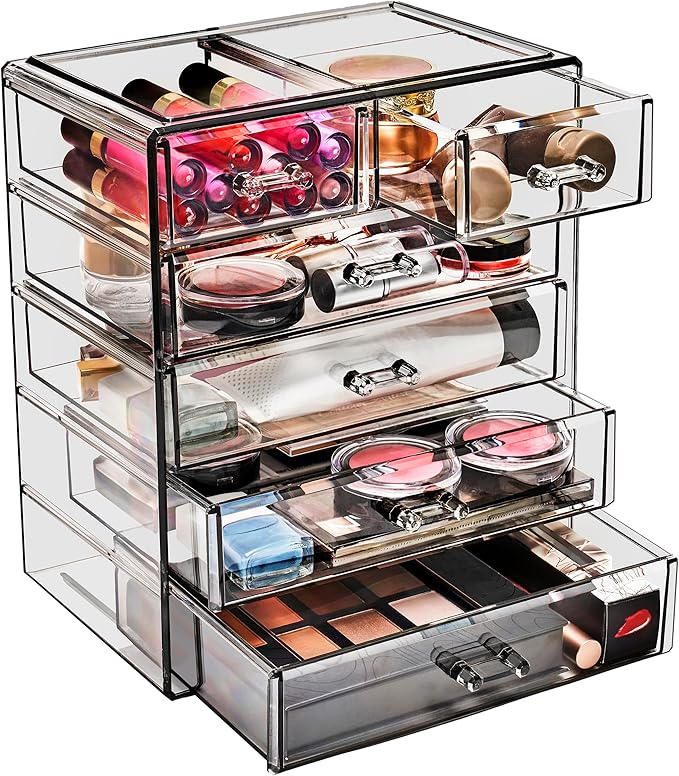 Sorbus Acrylic Makeup Organizer Set, 6-Drawer Vanity & Countertop Cosmetic Storage with Small & Wide Drawers, Black Jewel Makeup Storage for Brushes