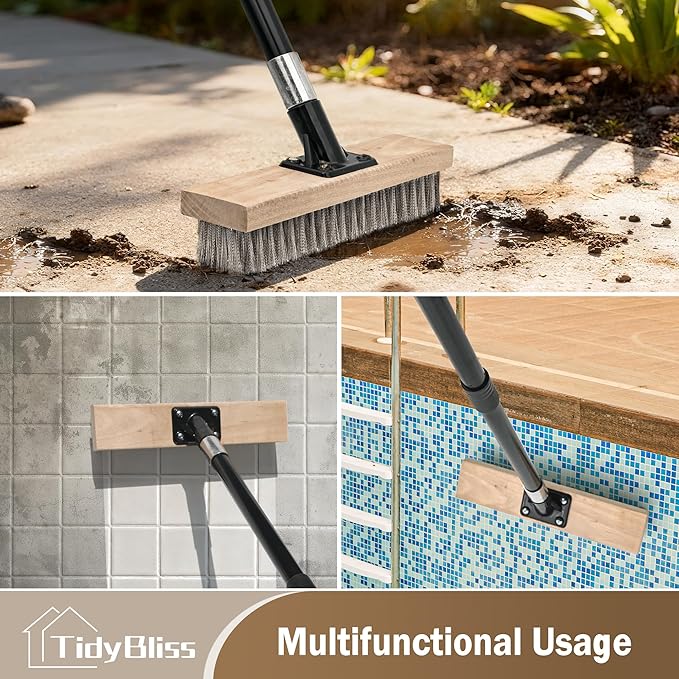 Stainless Steel Wire Scrub Brush with Long Handle, Heavy Duty Stiff Metal Broom Scrubber, Outdoor Moss Removal for Concrete Floor, Deck, Garden, Patio, Roof, Brick, Garage, Swimming Pool