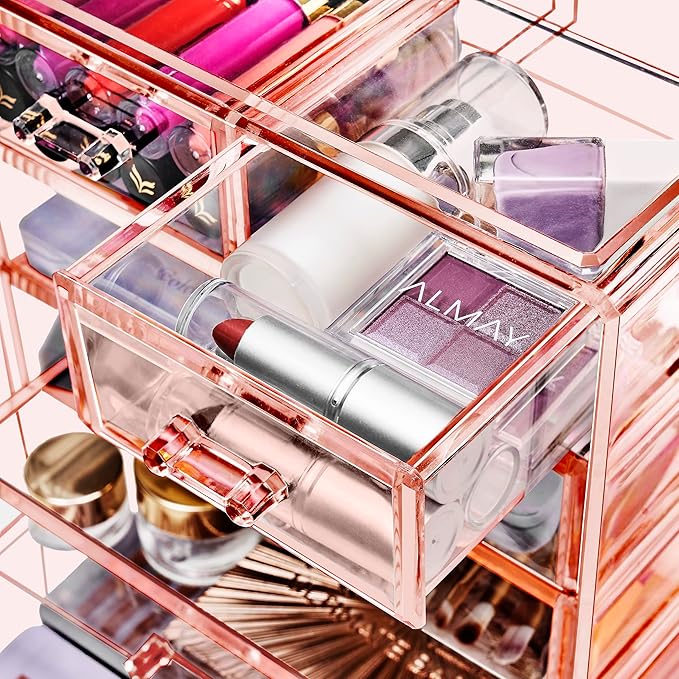 Sorbus Acrylic Makeup Organizer Set, 6-Drawer Vanity & Countertop Cosmetic Storage with Small & Wide Drawers, Pink Makeup Storage for Brushes