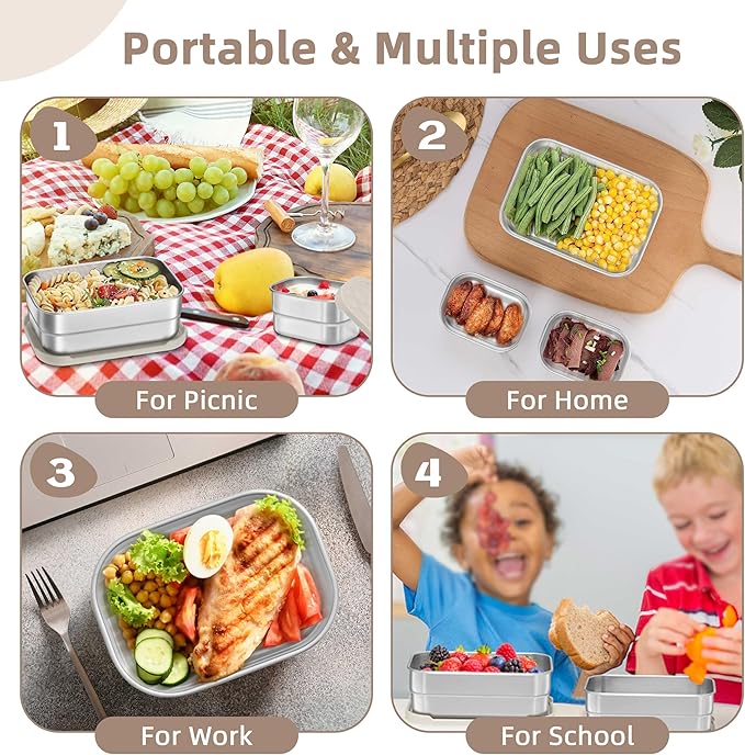 HaWare Stainless Steel Lunch Box Containers for Kids, Leak Proof Food Storage Containers with Khaki Silicone Lids