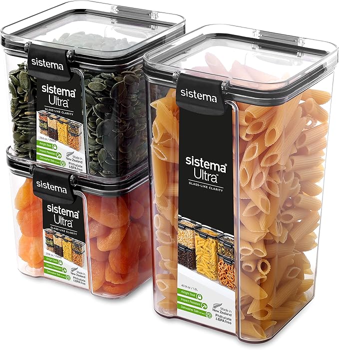 Sistema Tritan Ultra Airtight Pantry & Kitchen Storage Containers, 3-Pack, Clear Stackable Square Food Storage, BPA-Free, Dishwasher & Freezer-Safe