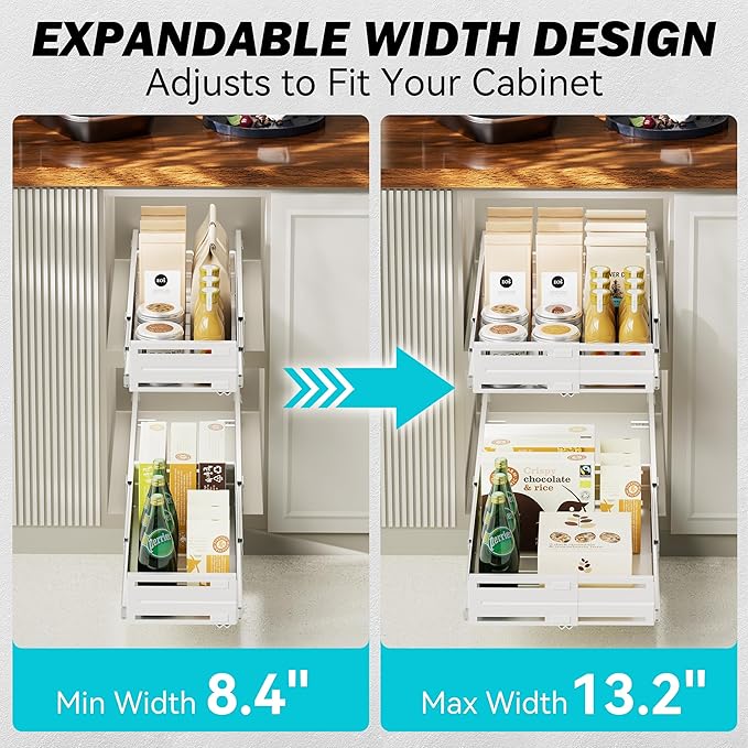 Pull Out Cabinet Organizer, Expandable Width 8"-13", Heavy Duty Metal Slide Out Drawers for Cabinets, Expandable Cabinet Pull Out Shelves for Kitchen, Pantry, Bathroom, White