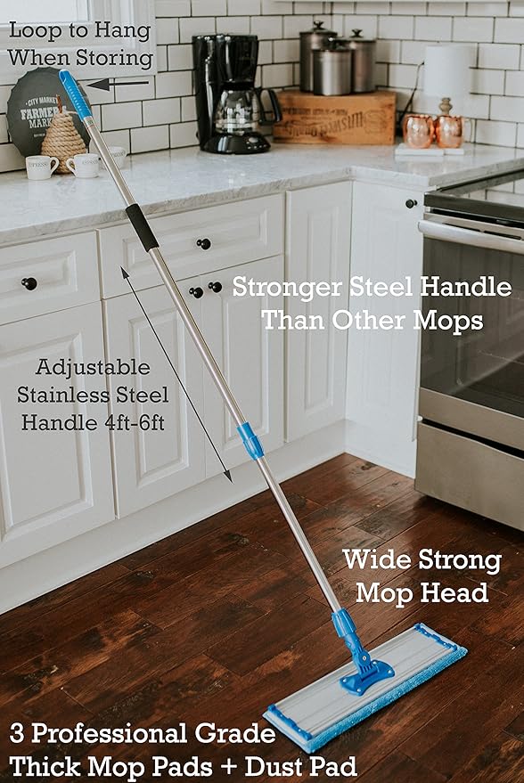 Zflow 18" Professional Microfiber Mop - Commercial Stainless Steel Handle with Microfiber Dust Pad + 3 Wet Pads