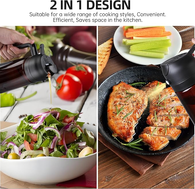 Olive Oil Dispenser, Sprayer for Cooking 2 in 1- Spray and Pour, Premium Dark Black Glass Oil Bottle, 16oz/470ml Light-Blocking Dark Oil Sprayer, for Air Fryer, BBQ, Salad