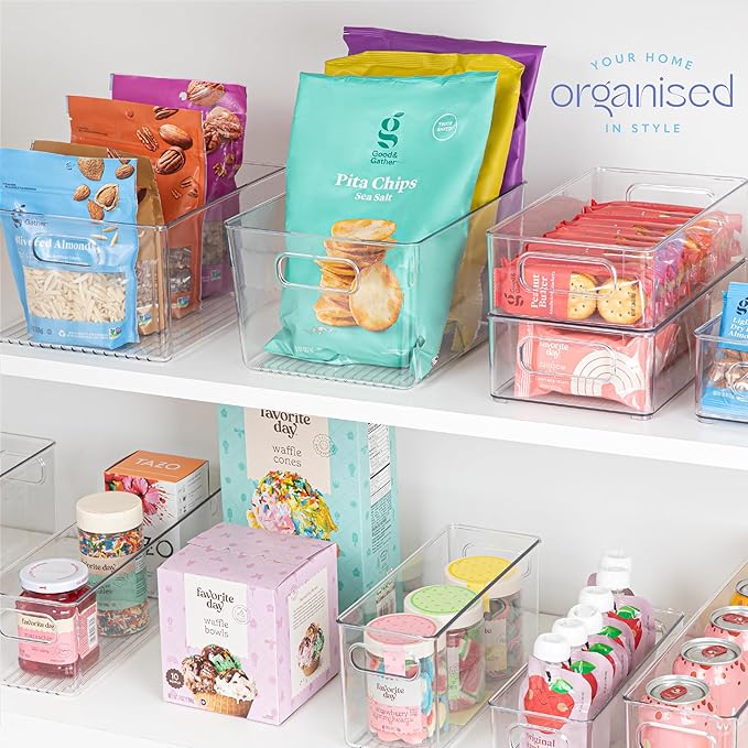 Plastic Food Storage 4 Pack Clear Container Bin with Handles for Organizing Kitchen, Pantry, Refrigerator, Freezer, Pantry, Cabinet, Closet