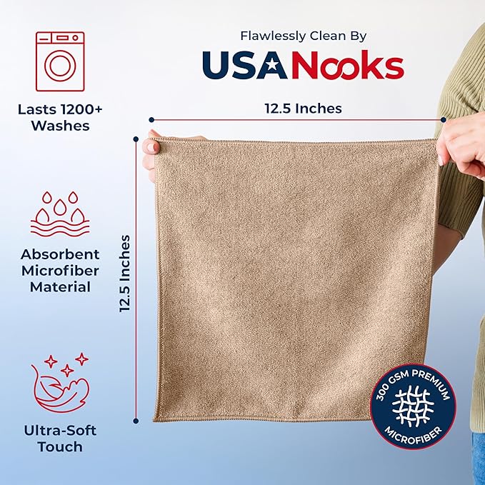 USANOOKS Microfiber Cleaning Cloth - Beige - 8Pcs (12.5x12.5 inch) High Performance - 1200 Washes