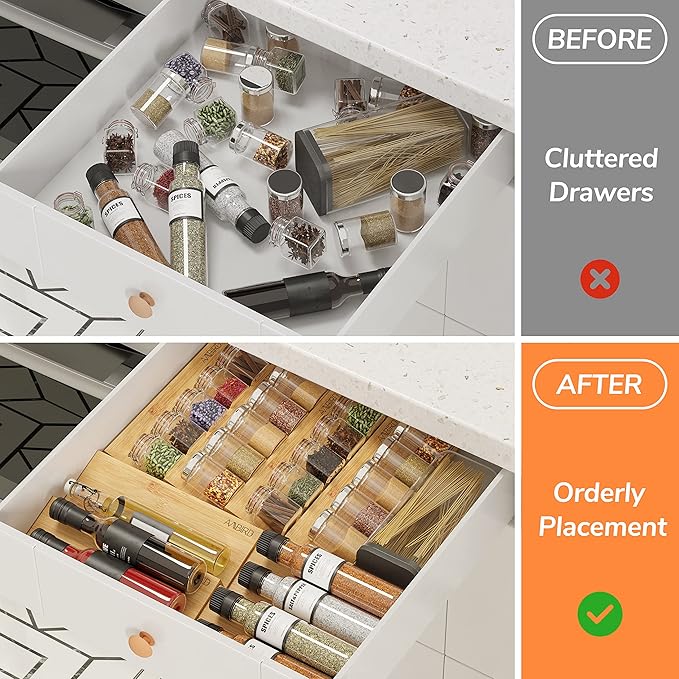AMBIRD Bamboo Spice Drawer Organizer with Non-slip Mat,4 Tier - 2 Set Jar Spice Rack Tray From 12''to 24''