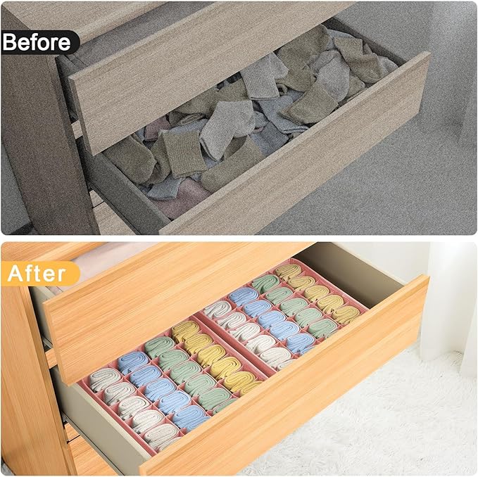 Joyoldelf Sock Organizer Drawer Organizer - Underwear Organizer, 24 Cell Collapsible Closet Organizers and Storage Sock Holders Organizers for Storing Socks, Ties, Belts 6 Pack Pink