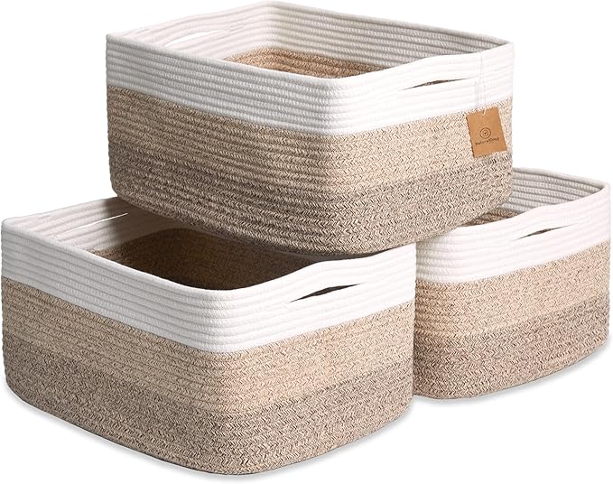NaturalCozy Storage Baskets 16.8”x13”x7.6” Cotton Rope Woven Baskets for Organizing 3-Pack | Toy Storage Bins | Basket for Shelves, Laundry, Blanket