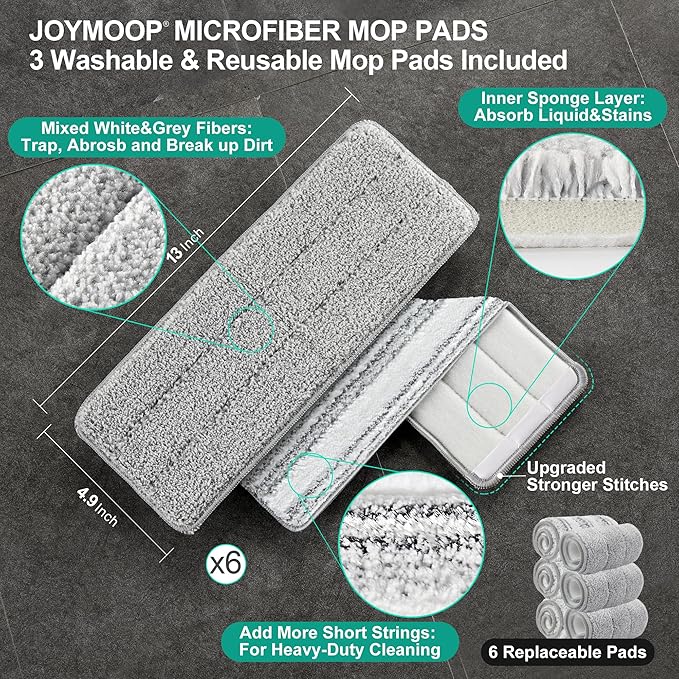 JOYMOOP Mop and Bucket with Wringer Set, Hands Free Flat Floor Mop and Bucket, 60" Mop with 6 Reusable Microfiber Pads, Wet and Dry Use, Floor Cleaning System