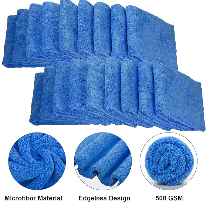 Shimeyao 30 Pcs 12.5 x 12.5 Inch Edgeless Microfiber Plush Towels for Cars Detailing Drying Wash Polishing Absorbent Cleaning Cloths, 500 GSM (Dark Blue)