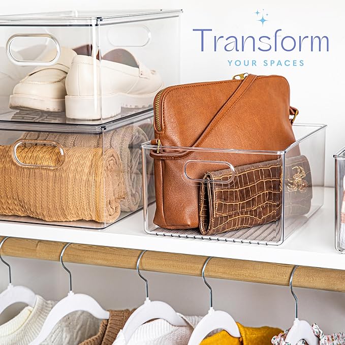 Plastic Food Storage 6 Pack Clear Container Bin with Handles for Organizing Kitchen, Pantry, Refrigerator, Freezer, Pantry, Cabinet, Closet
