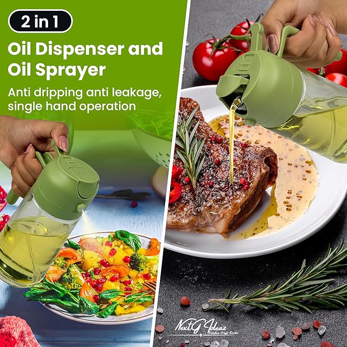 Oil Dispenser, 2 In 1 Cooking Oil Sprayer and Pourer, Non-Drip Spout for Kitchen Oil, Air Fryer, Salad, Grill, 16oz/470ml with clearning brush (Green Cap, Clear Bottle)